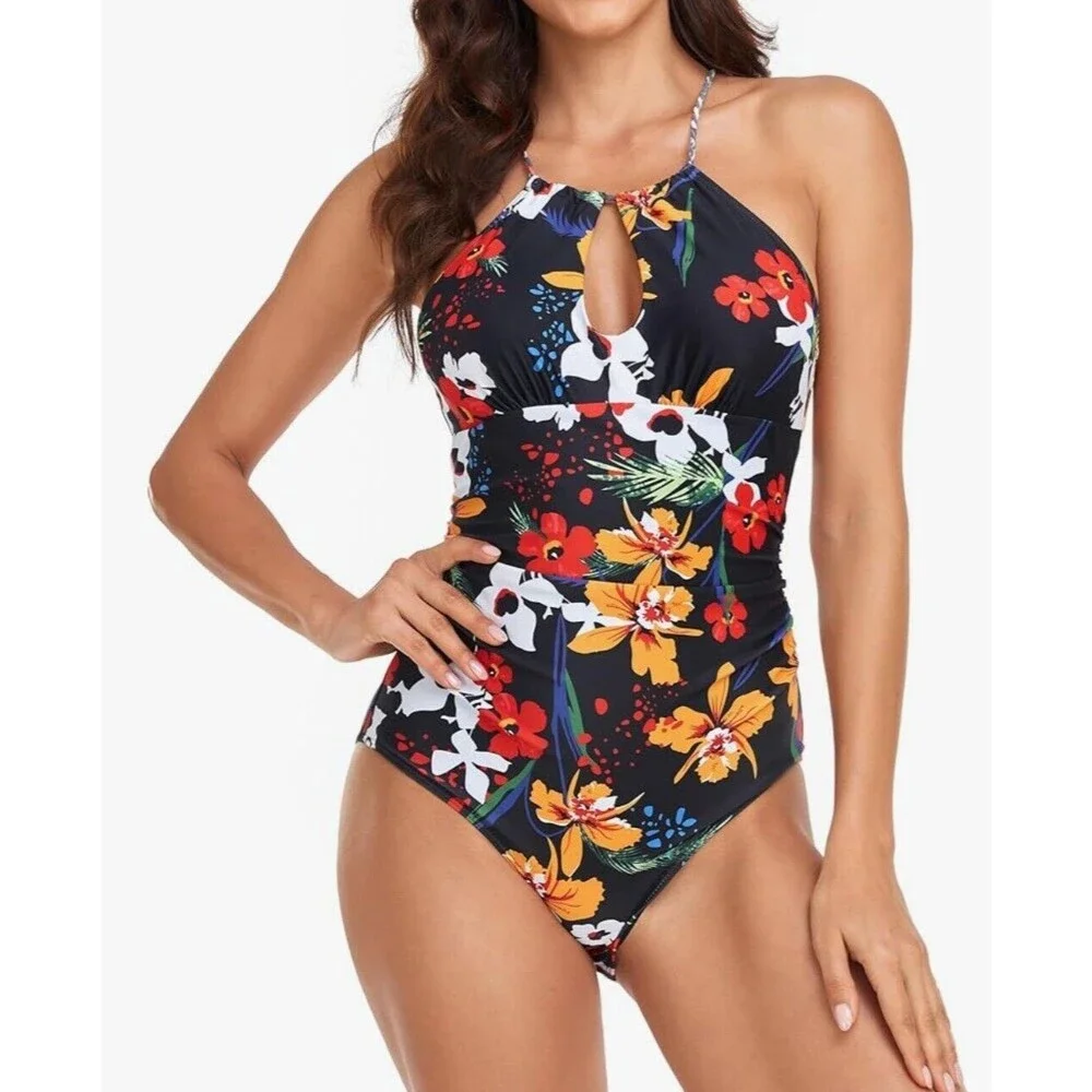 Luna‎ Wave Women's One Piece Swimsuit Halter Neck Hollow Front Ruched Beach Wear